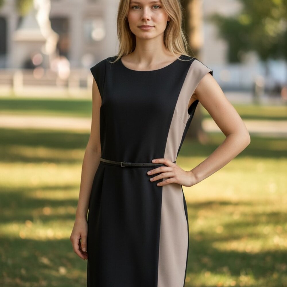 Calvin Klein Colorblock Sheath Dress w/ Belt Black Size 12 - Picture 6 of 9